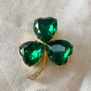 3-leaf Clover Green Rhinestone Gold-tone Brooch